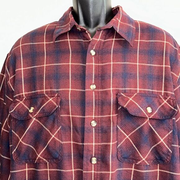 David Brook maroon/navy blue plaid flannel shacket with knit waffle weave lining - Picture 1 of 11